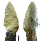 Front and back views of an arrowhead. Blue arrows show a plunge scar, and red dots show use-wear.
